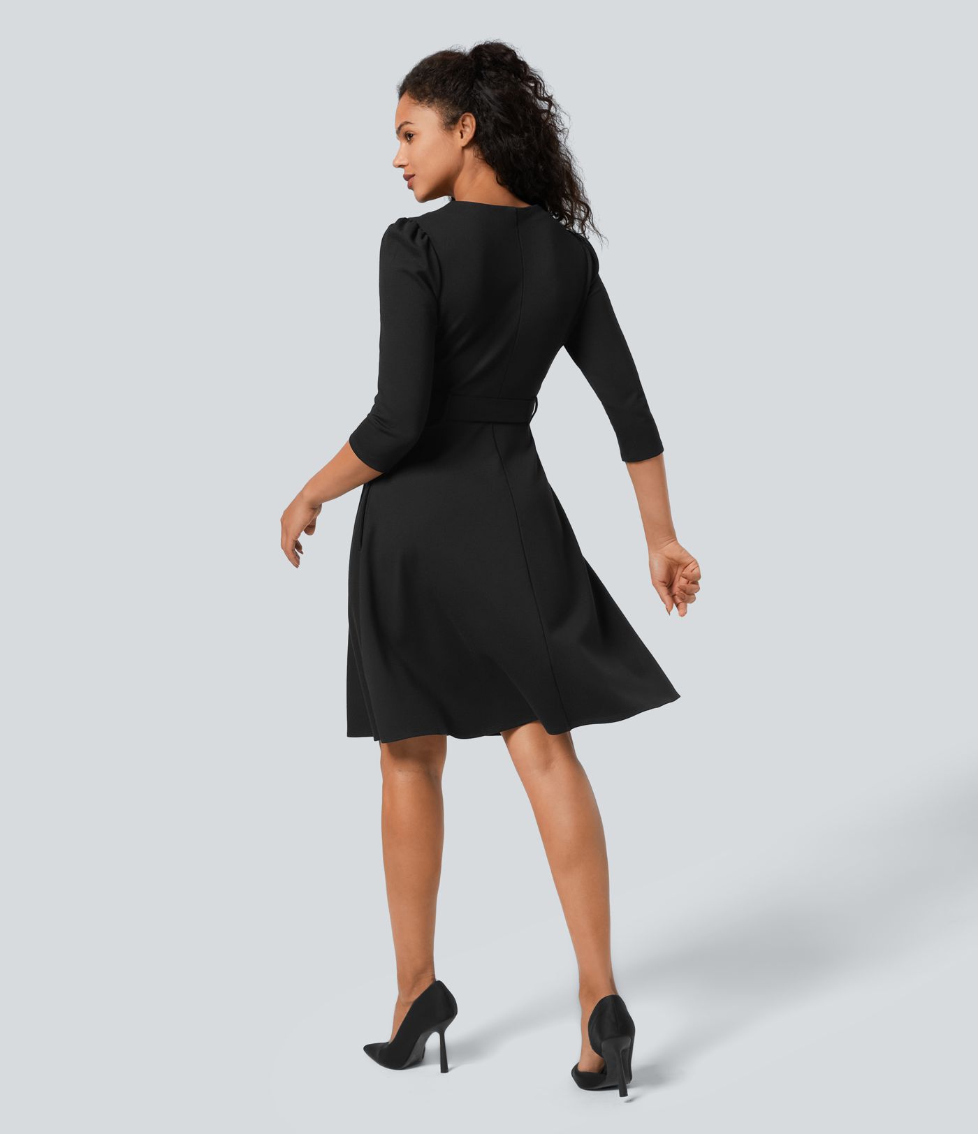 Robe de travail midi fit-and-flare ceinturée zippée col rond SculptKnit avec poches