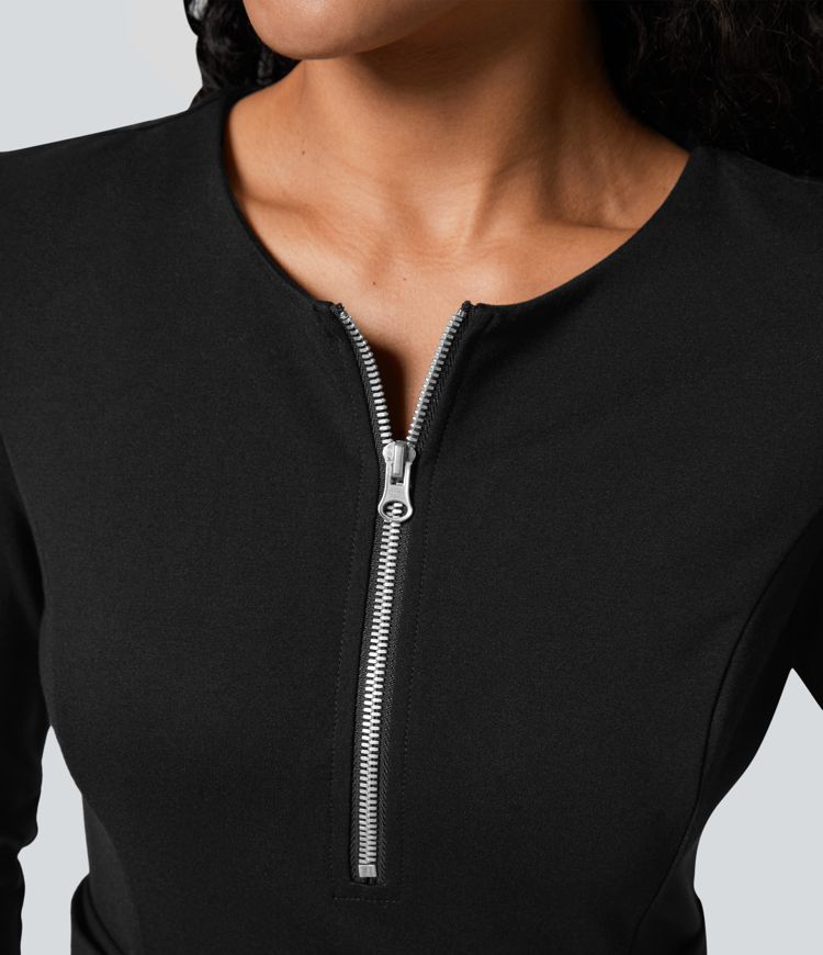 Vestido oficina vuelo a media pierna bolsillo lateral cinturón cremallera cuello redondo