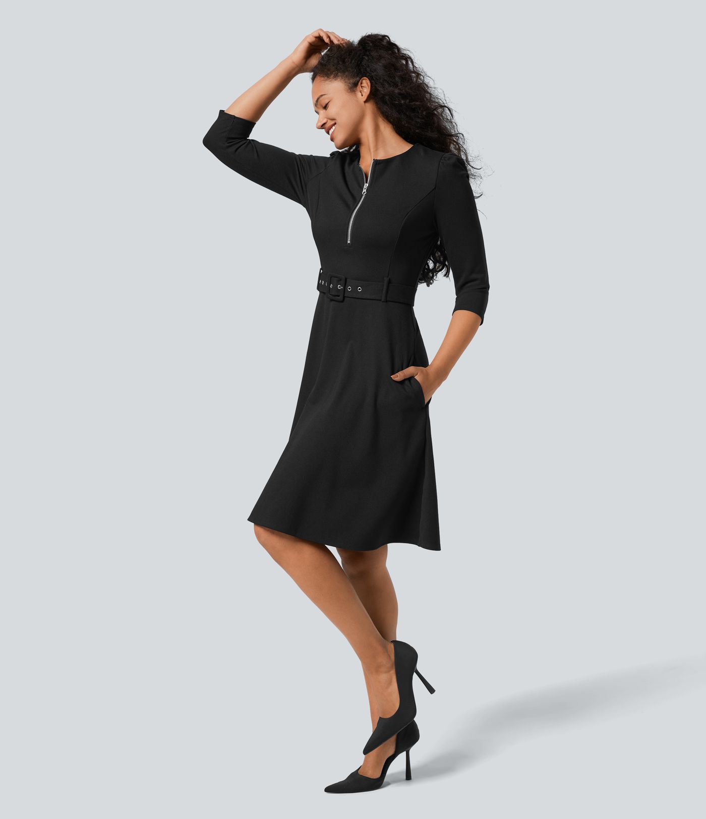 Robe de travail midi fit-and-flare ceinturée zippée col rond SculptKnit avec poches