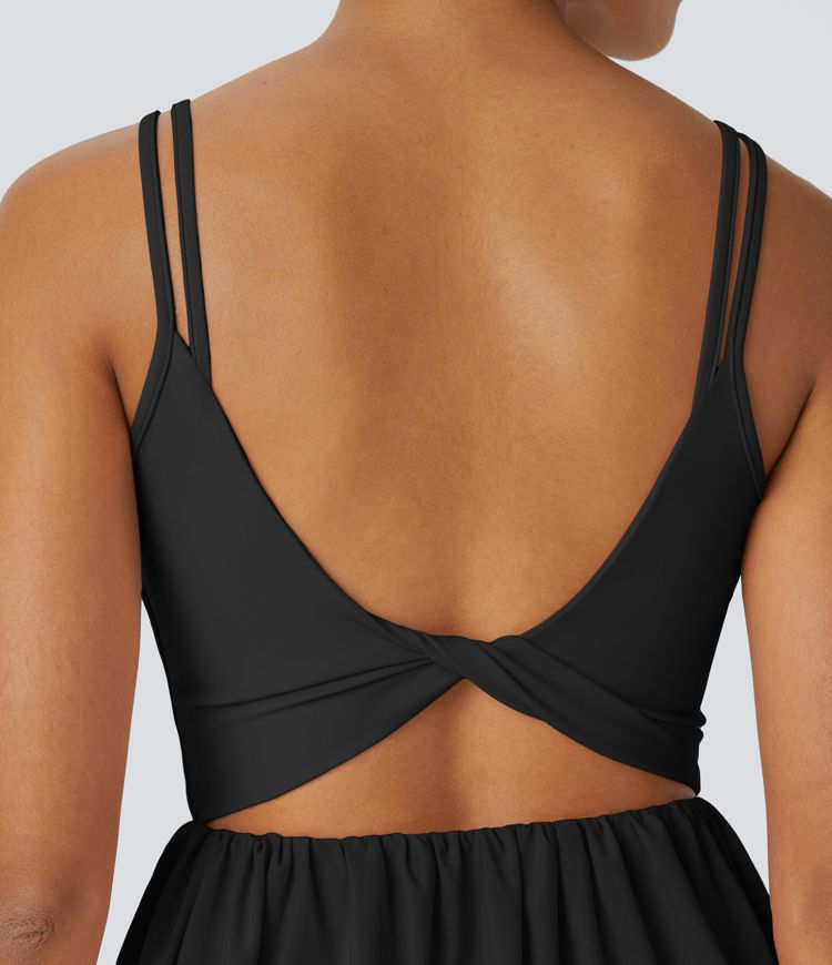 Breezeful™ U Neck Double Straps Cut Out Pocket Quick Dry Micro Mini Casual Bubble Dress