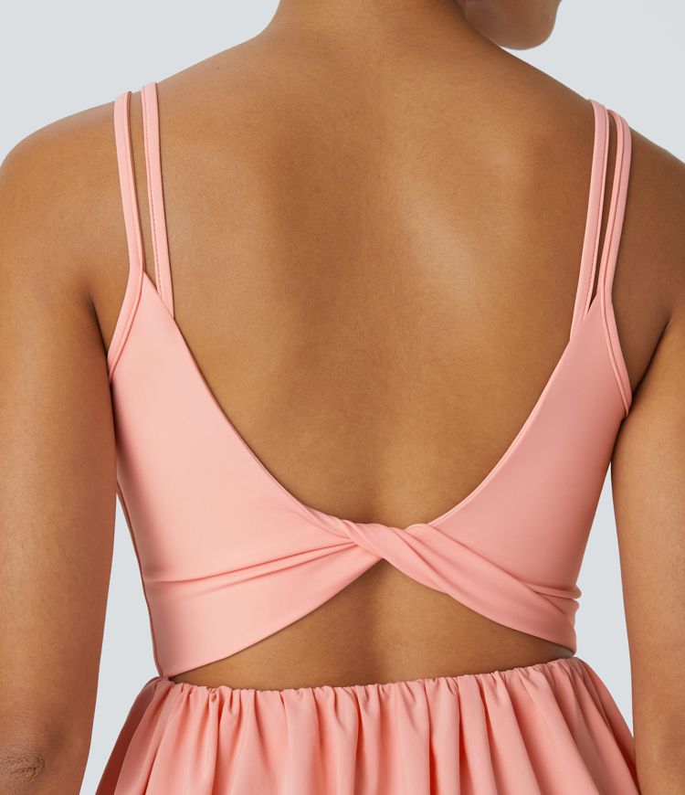 Breezeful™ U Neck Double Straps Backless Twisted Cut Out Side Pocket Quick Dry Micro Mini Casual Bubble Dress