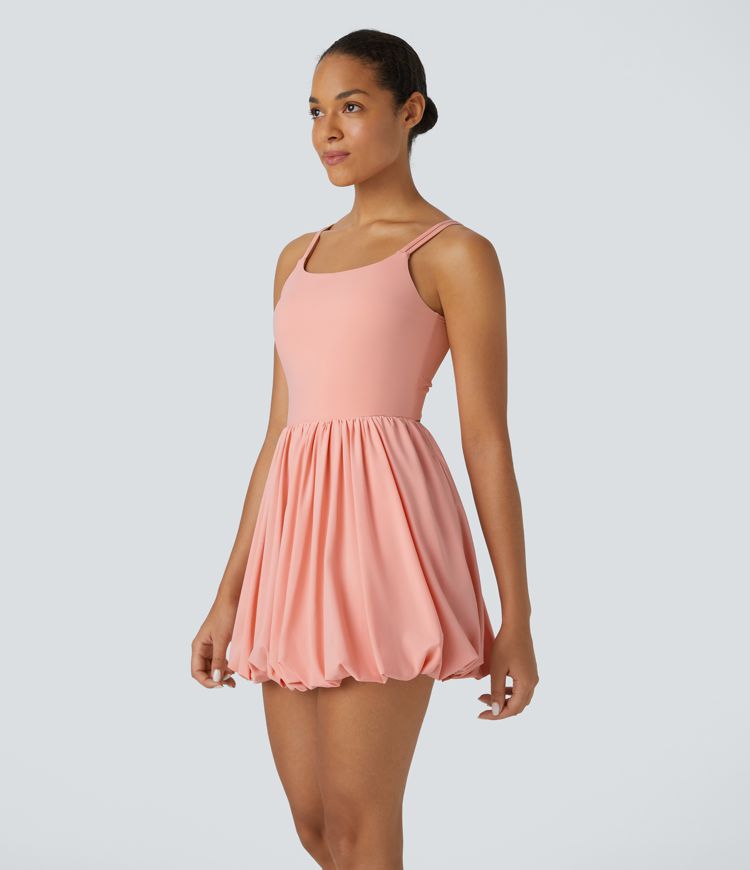 Breezeful™ U Neck Double Straps Backless Twisted Cut Out Side Pocket Quick Dry Micro Mini Casual Bubble Dress