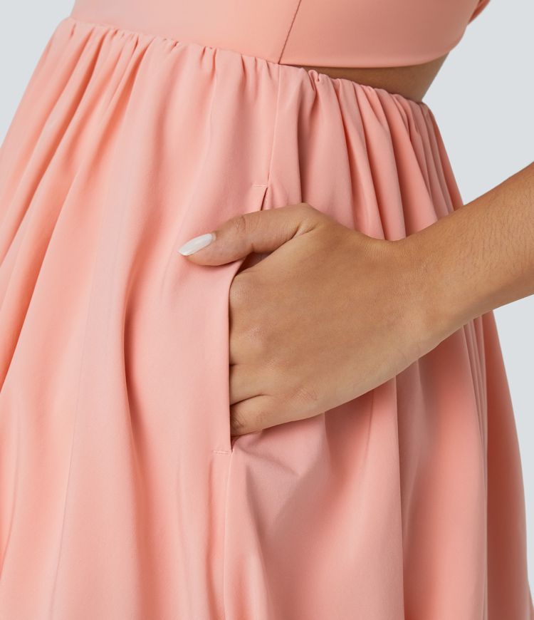 Breezeful™ U Neck Double Straps Cut Out Pocket Quick Dry Micro Mini Casual Bubble Dress
