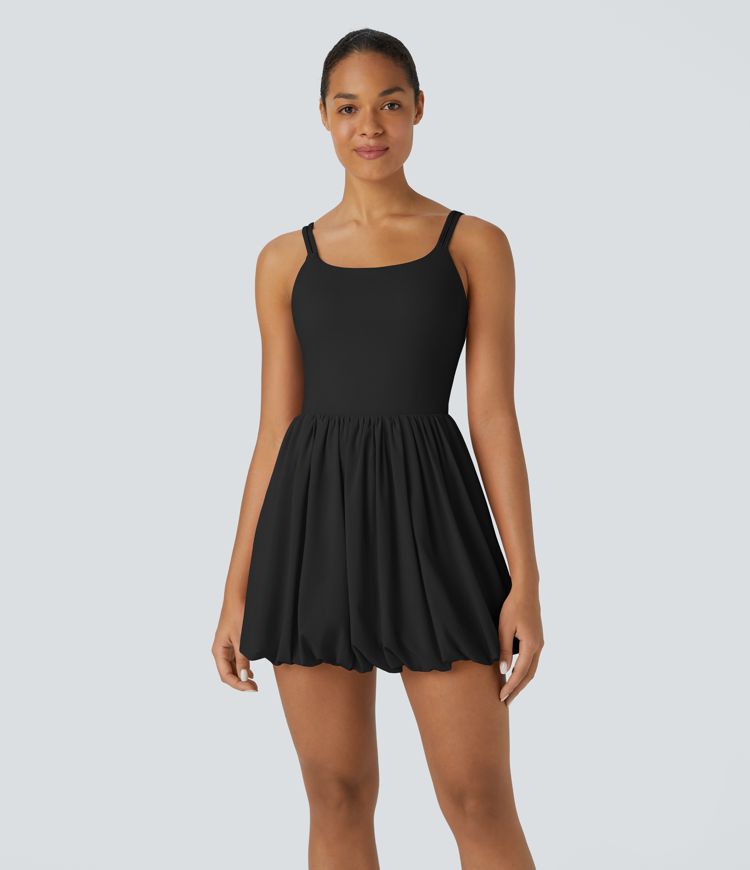 Breezeful™ U Neck Double Straps Cut Out Pocket Quick Dry Micro Mini Casual Bubble Dress