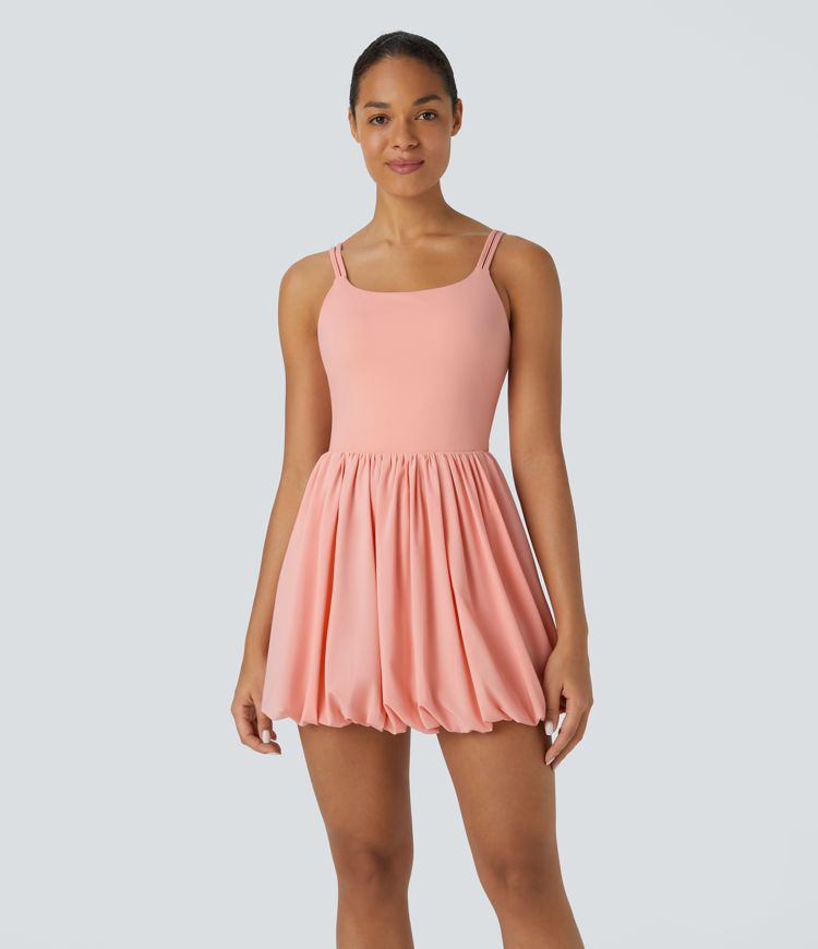 Breezeful™ U Neck Double Straps Backless Twisted Cut Out Side Pocket Quick Dry Micro Mini Casual Bubble Dress