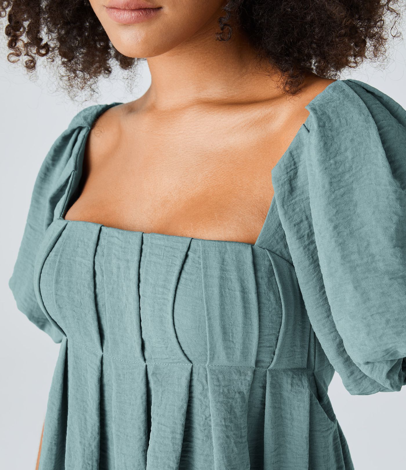 Lace Up Square Neck Puff Sleeve Pocket Casual Linen-Feel Babydoll Dress