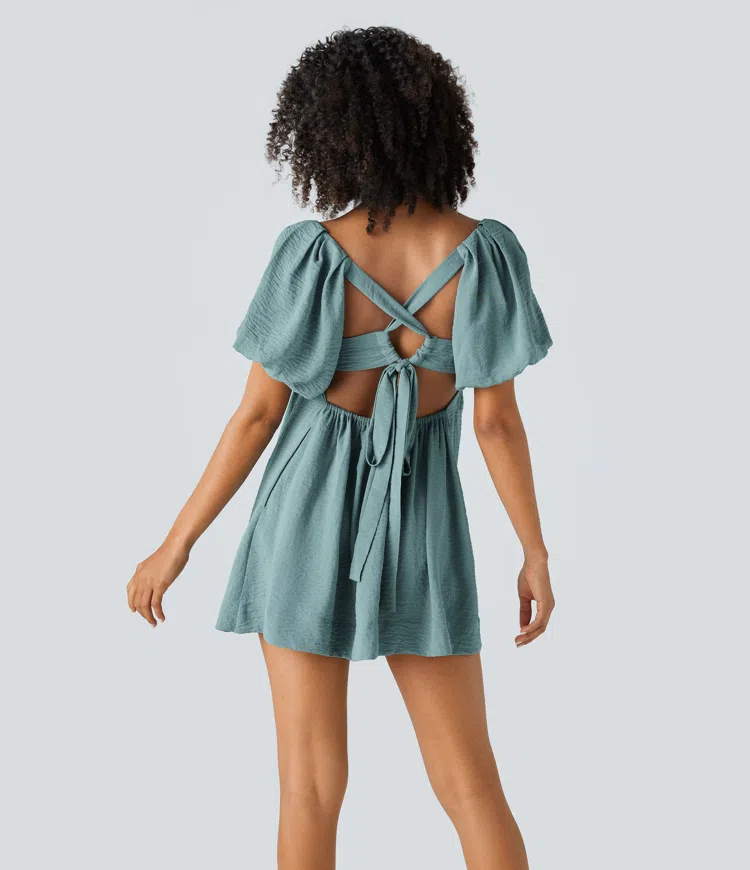 Vestido babydoll tacto lino plisado bolsillo lateral manga abullonada cuello cuadrado sin espalda cordones