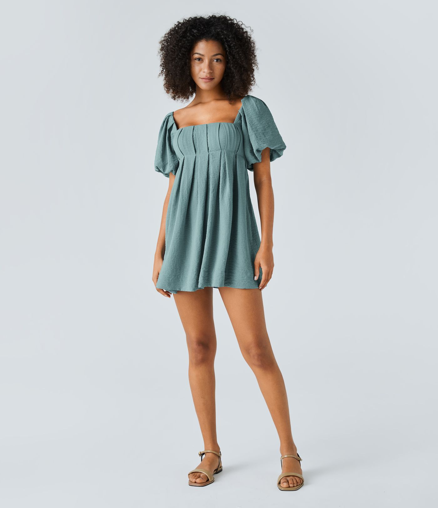 Lace Up Square Neck Puff Sleeve Pocket Casual Linen-Feel Babydoll Dress