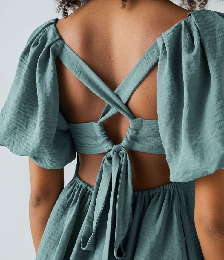 Backless Lace Up Square Neck Puff Sleeve Side Pocket Casual Linen-Feel Babydoll Dress