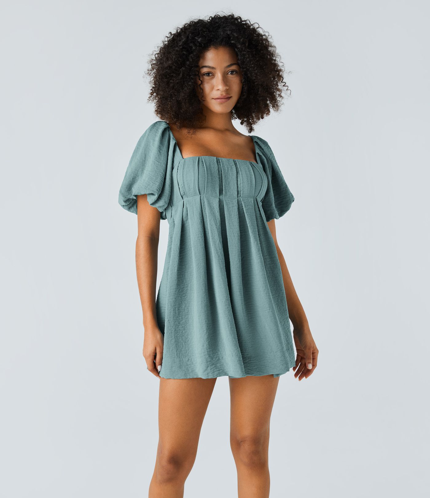 Lace Up Square Neck Puff Sleeve Pocket Casual Linen-Feel Babydoll Dress