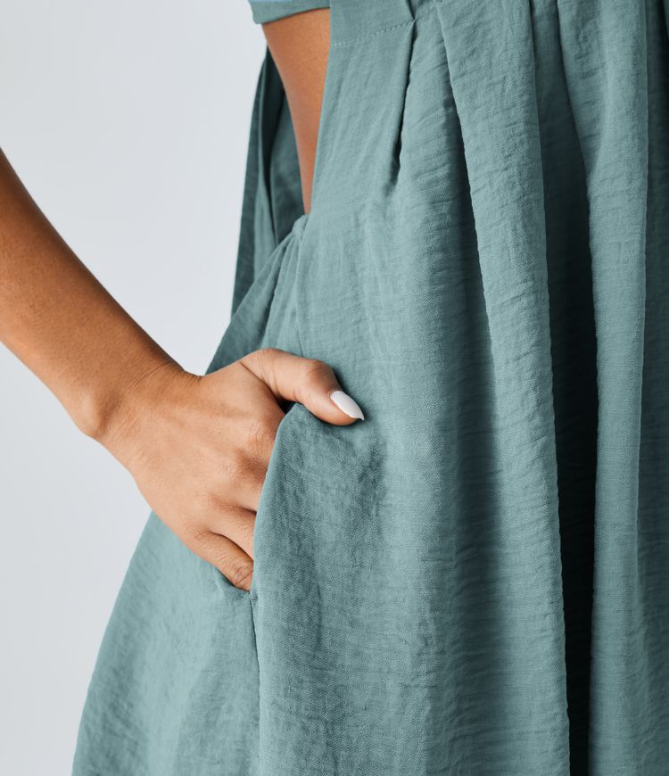 Backless Lace Up Square Neck Puff Sleeve Side Pocket Casual Linen-Feel Babydoll Dress