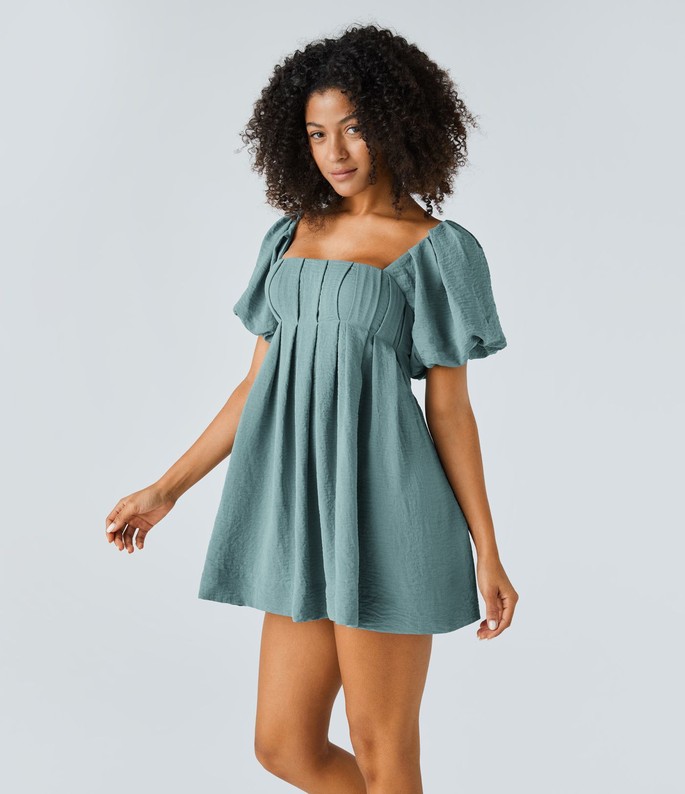 Lace Up Square Neck Puff Sleeve Pocket Casual Linen-Feel Babydoll Dress