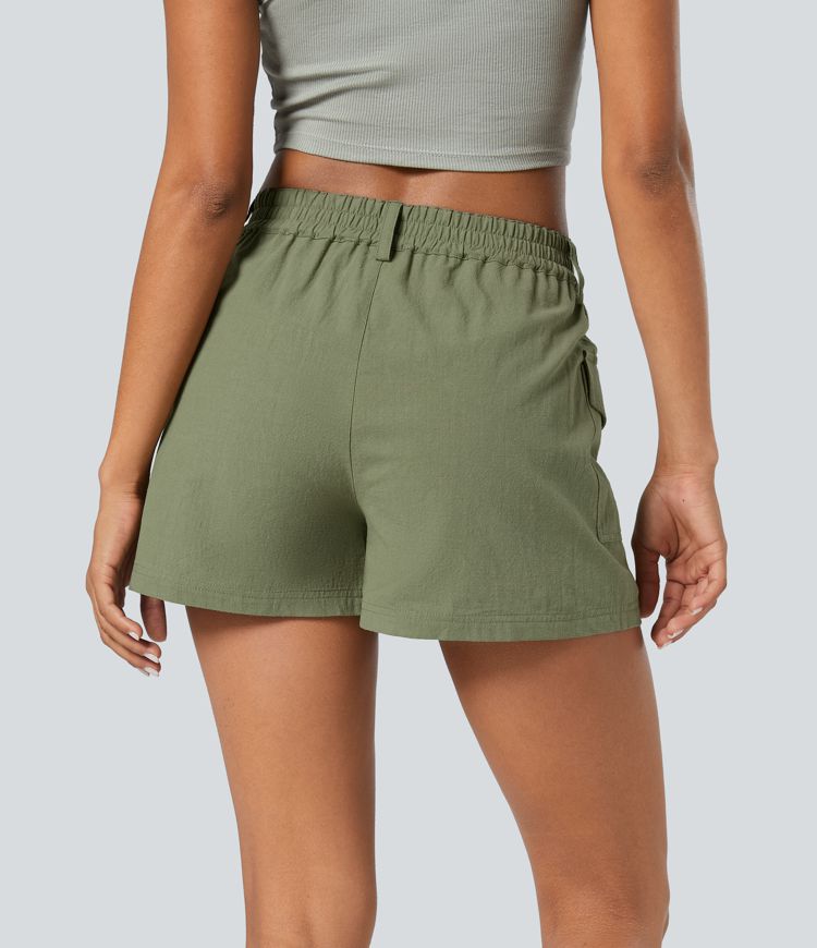 Pantalones cortos oficina tacto lino tiro medio botón cremallera bolsillo lateral solapa