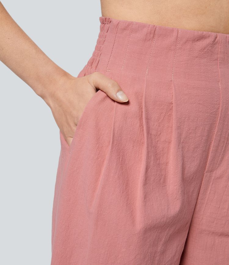 Shorts algodón vacación bolsillo lateral plisado fruncido tiro alto