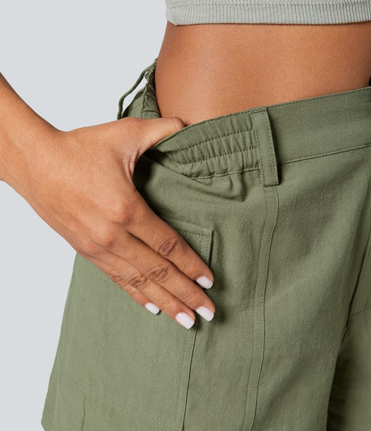 Pantalones cortos oficina tacto lino tiro medio botón cremallera bolsillo lateral solapa