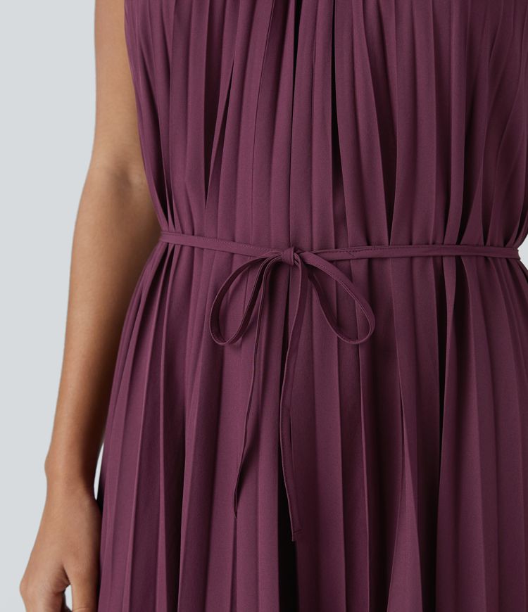 Breezeful™ Halter Tie Back Sleeveless Plisse Belted Quick Dry Midi Casual Dress