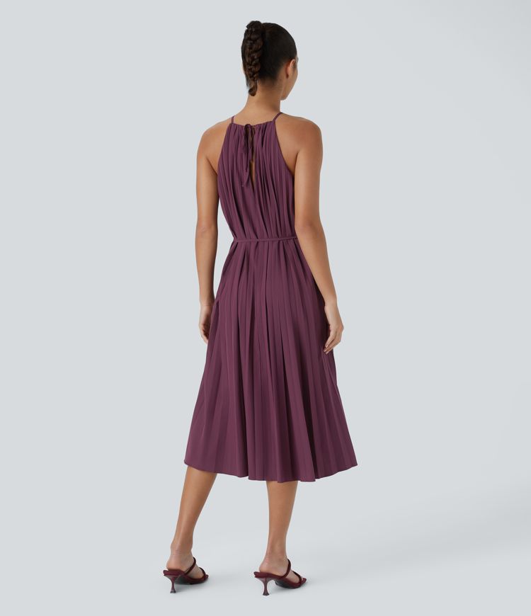 Breezeful™ Halter Tie Back Sleeveless Plisse Belted Quick Dry Midi Casual Dress