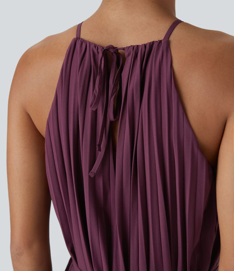 Breezeful™ Halter Tie Back Sleeveless Plisse Belted Quick Dry Midi Casual Dress