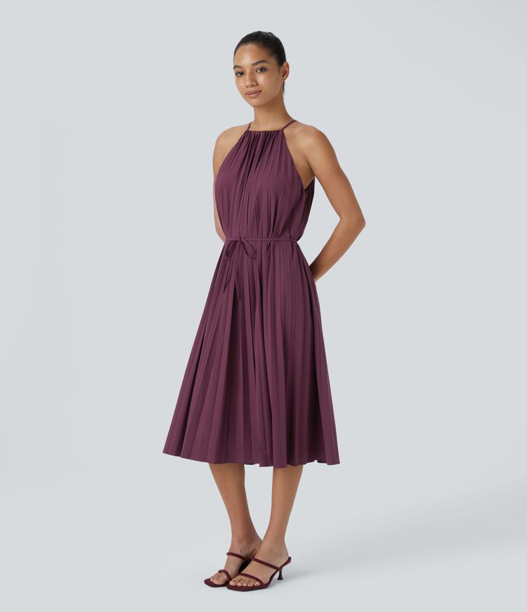 Breezeful™ Halter Tie Back Sleeveless Plisse Belted Quick Dry Midi Casual Dress
