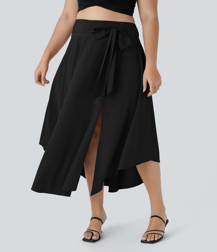 Breezeful™ Plus Size 2-in-1 Midi Skirt with High Waist, Side Slit and Curved Hem, Quick-Drying