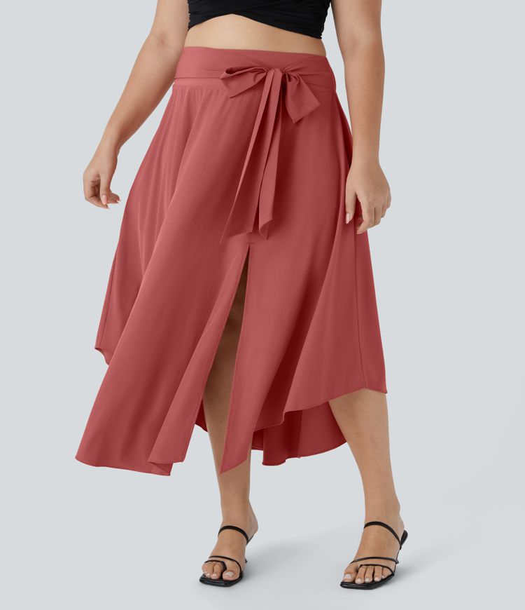 Falda midi Breezeful™ talla grande 2 en 1 abertura lateral tiro alto dobladillo curvo fluida secado rápido