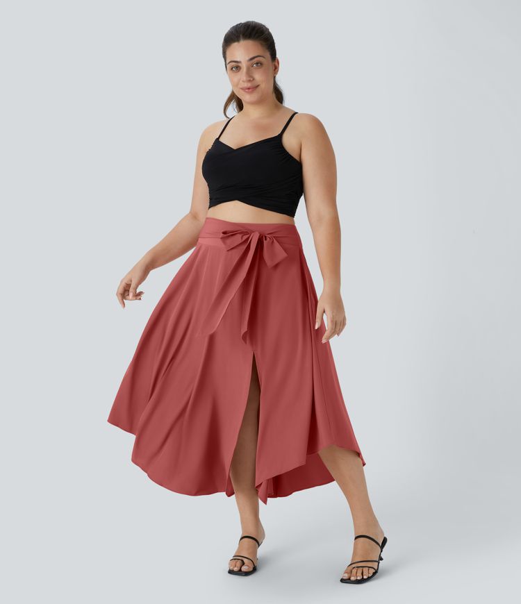 Falda midi Breezeful™ talla grande 2 en 1 abertura lateral tiro alto dobladillo curvo fluida secado rápido