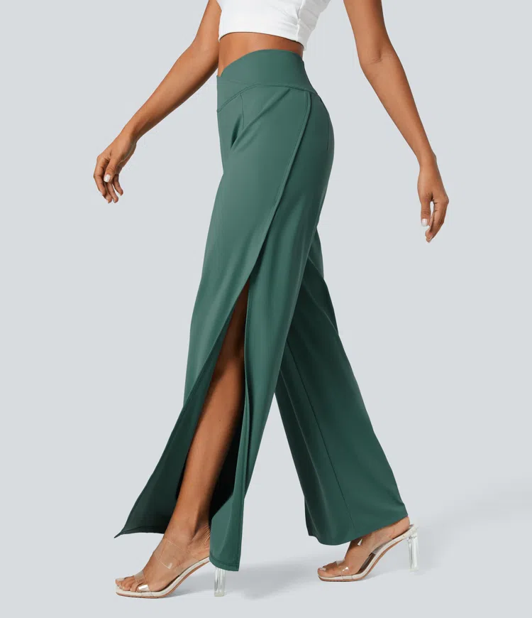 High waist crossover back pocket split wide casual pants