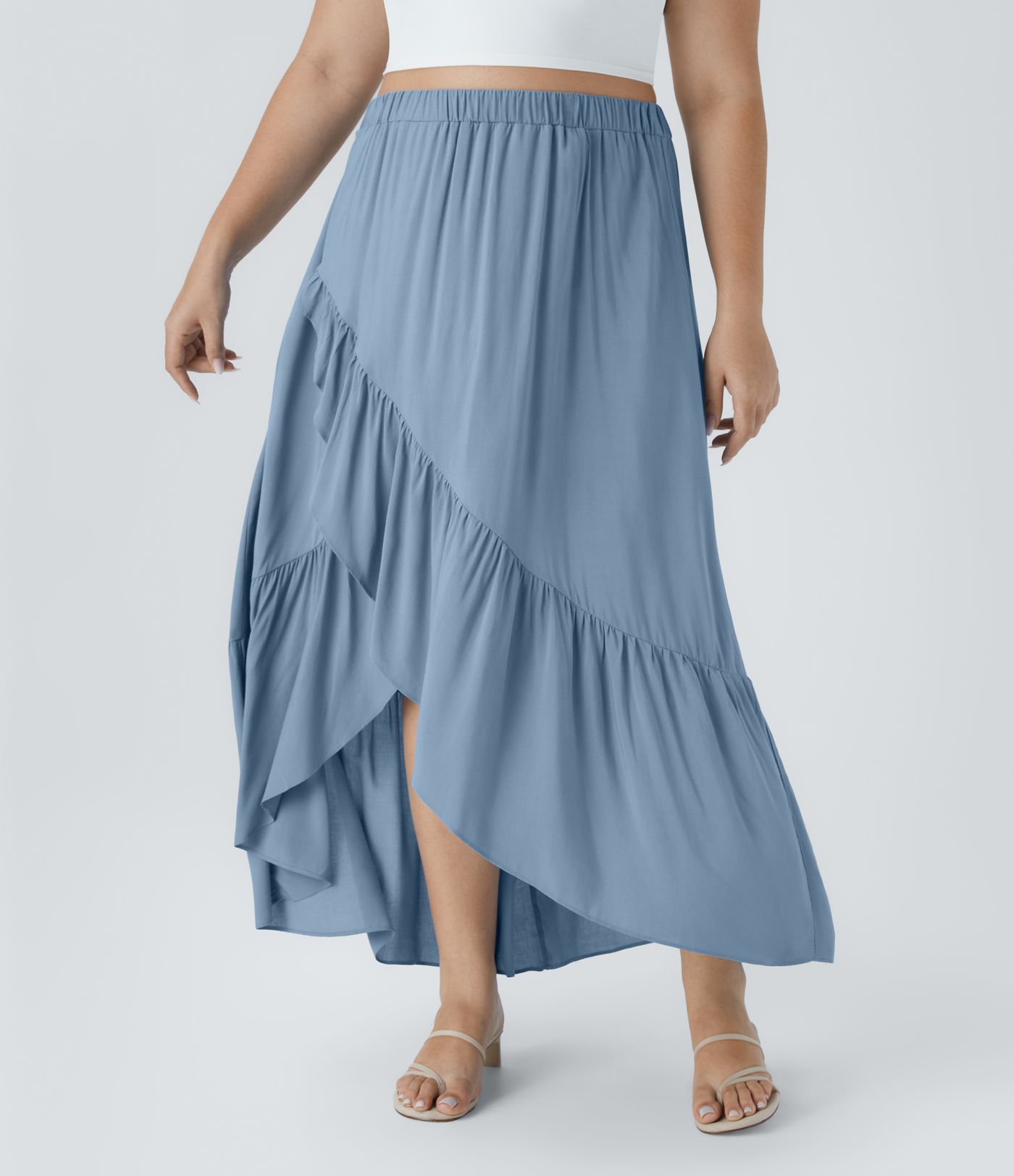 High Waisted High Low Ruffle Hem Flowy Maxi Plus Size Skirt