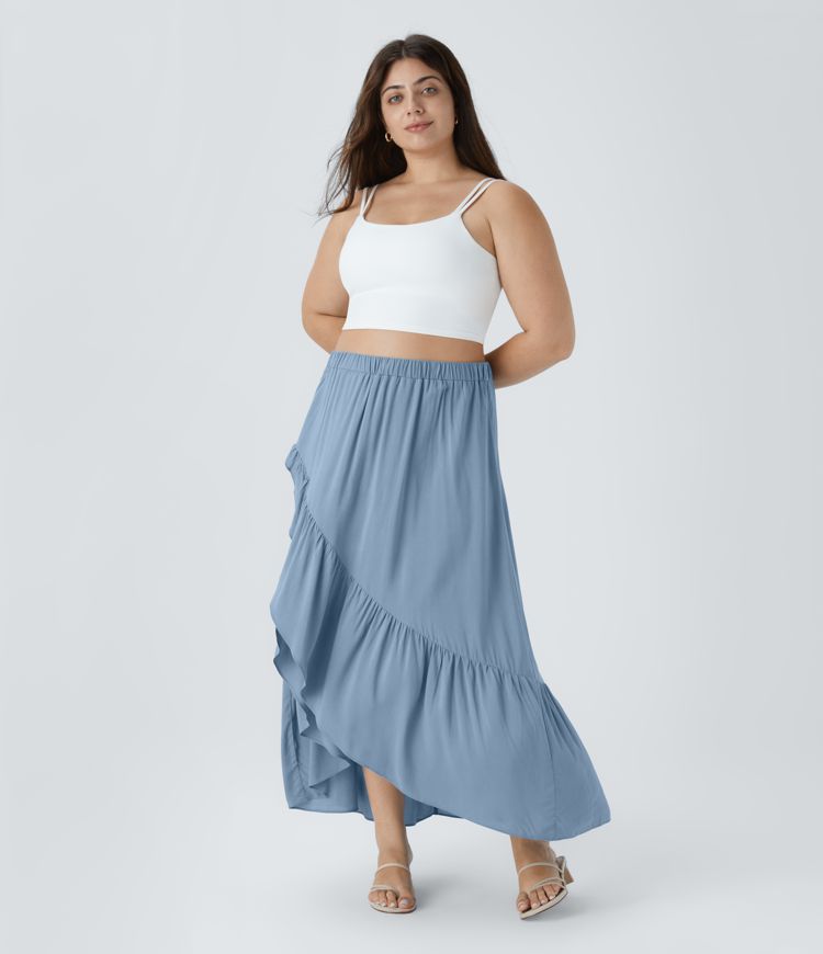 Falda maxi resort tiro alto plisado volante alto bajo fluido talla grande