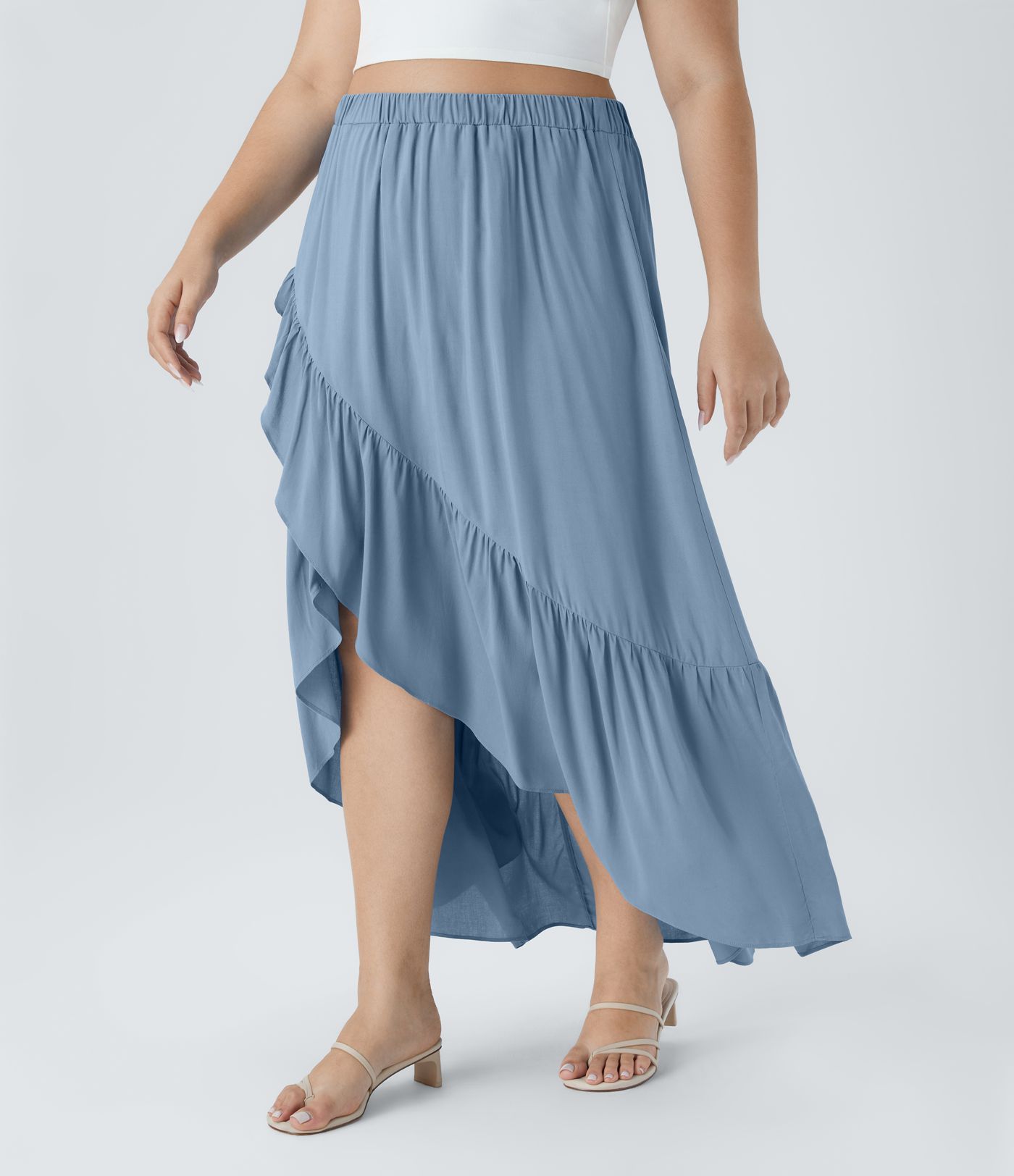 High Waisted High Low Ruffle Hem Flowy Maxi Plus Size Skirt
