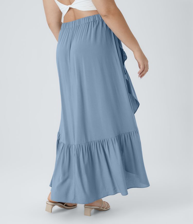 Falda maxi resort tiro alto plisado volante alto bajo fluido talla grande