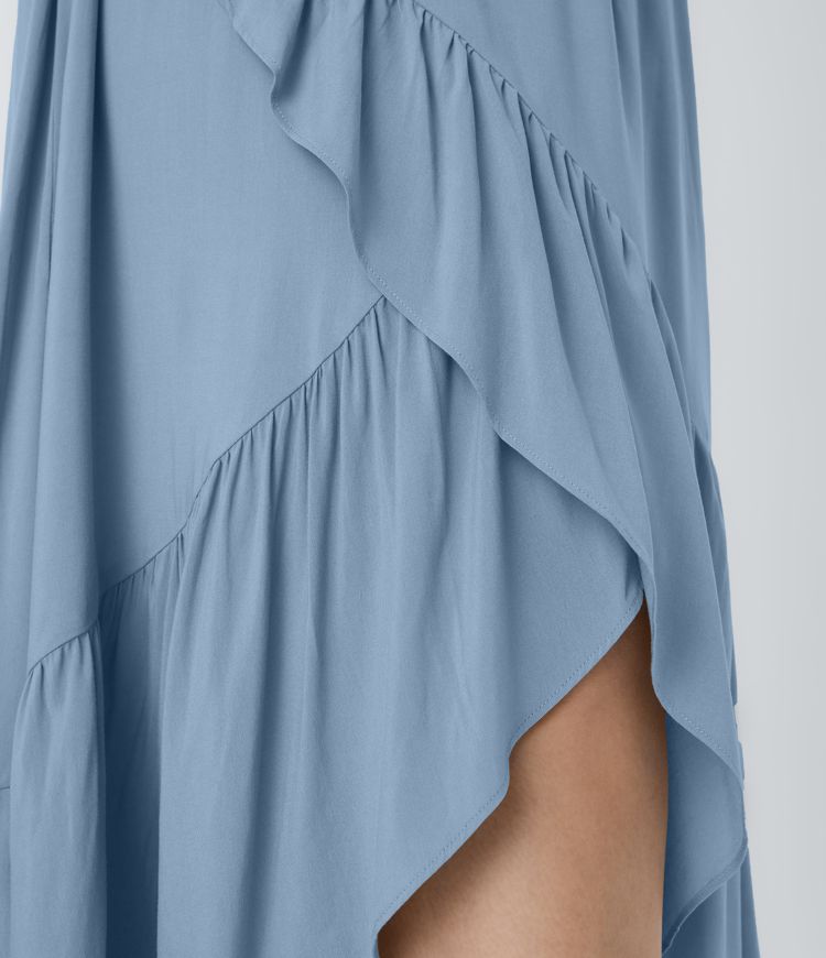 Falda maxi resort tiro alto plisado volante alto bajo fluido talla grande