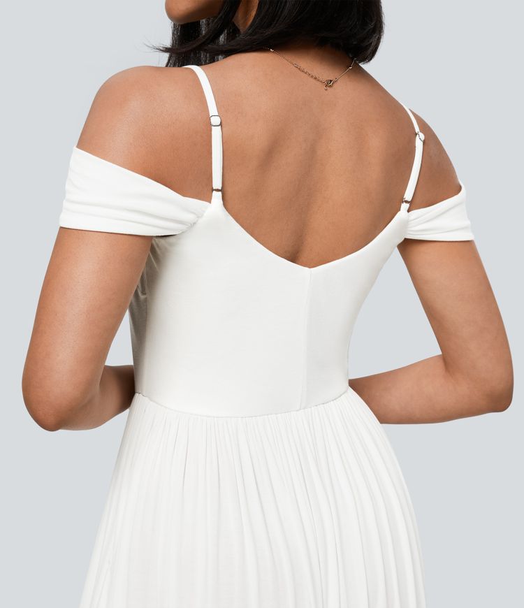 Ribbed Cold Shoulder Side Pocket Split Hem Flowy Maxi Bridesmaid and Wedding Guest Dress