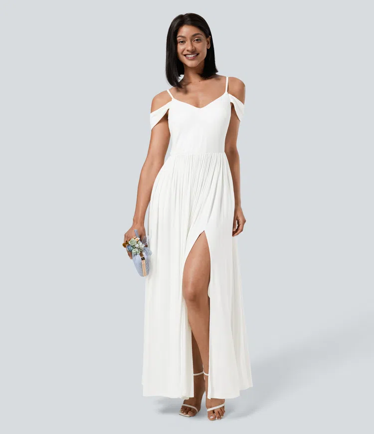 Gold Cold Shoulder Side Pocket Split Hem Flowy Maxi Wedding Bridesmaid and Guest Dresses