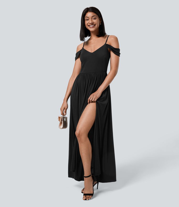 Wholesale Ribbed Cold Shoulder Side Pocket Split Hem Flowy Maxi Bridesmaid and Wedding Guest Dress | Halara Wholesale Ribbed Cold Shoulder Side Pocket Split Hem Flowy Maxi Bridesmaid and Wedding Guest Dress | Halara