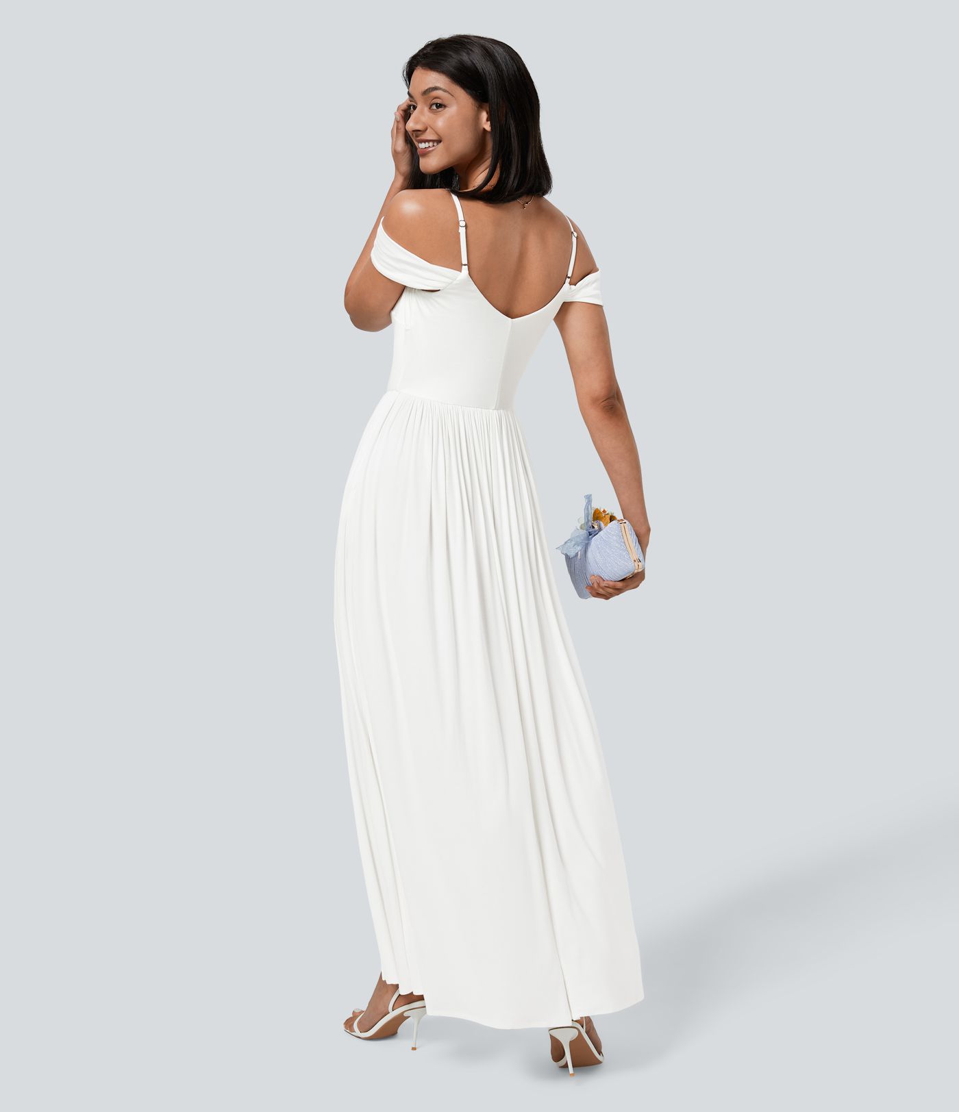 Ribbed Cold Shoulder Side Pocket Split Hem Flowy Maxi Bridesmaid and Wedding Guest Dress