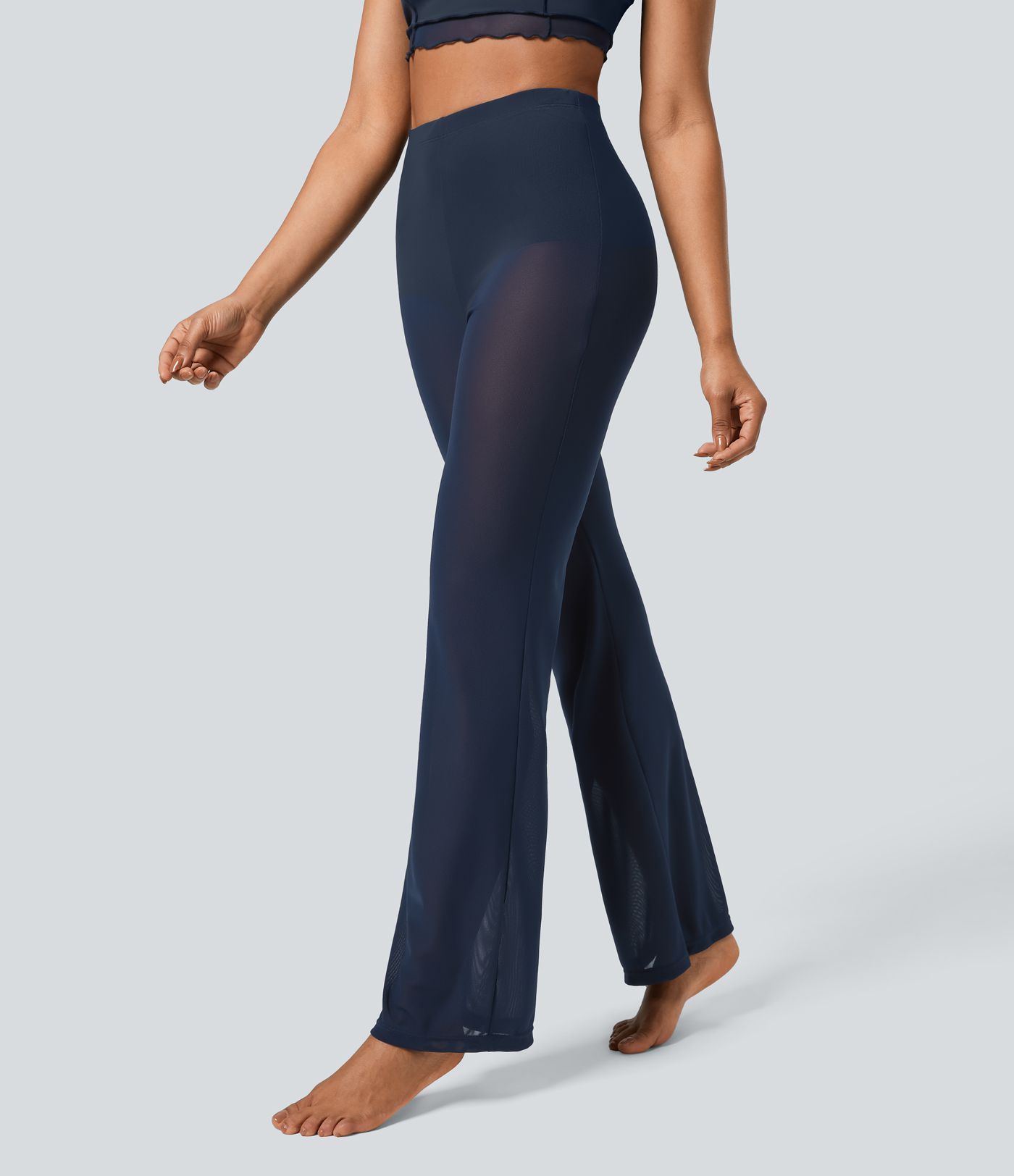 High-waist 2-in-1 see-through mesh dance flare pants