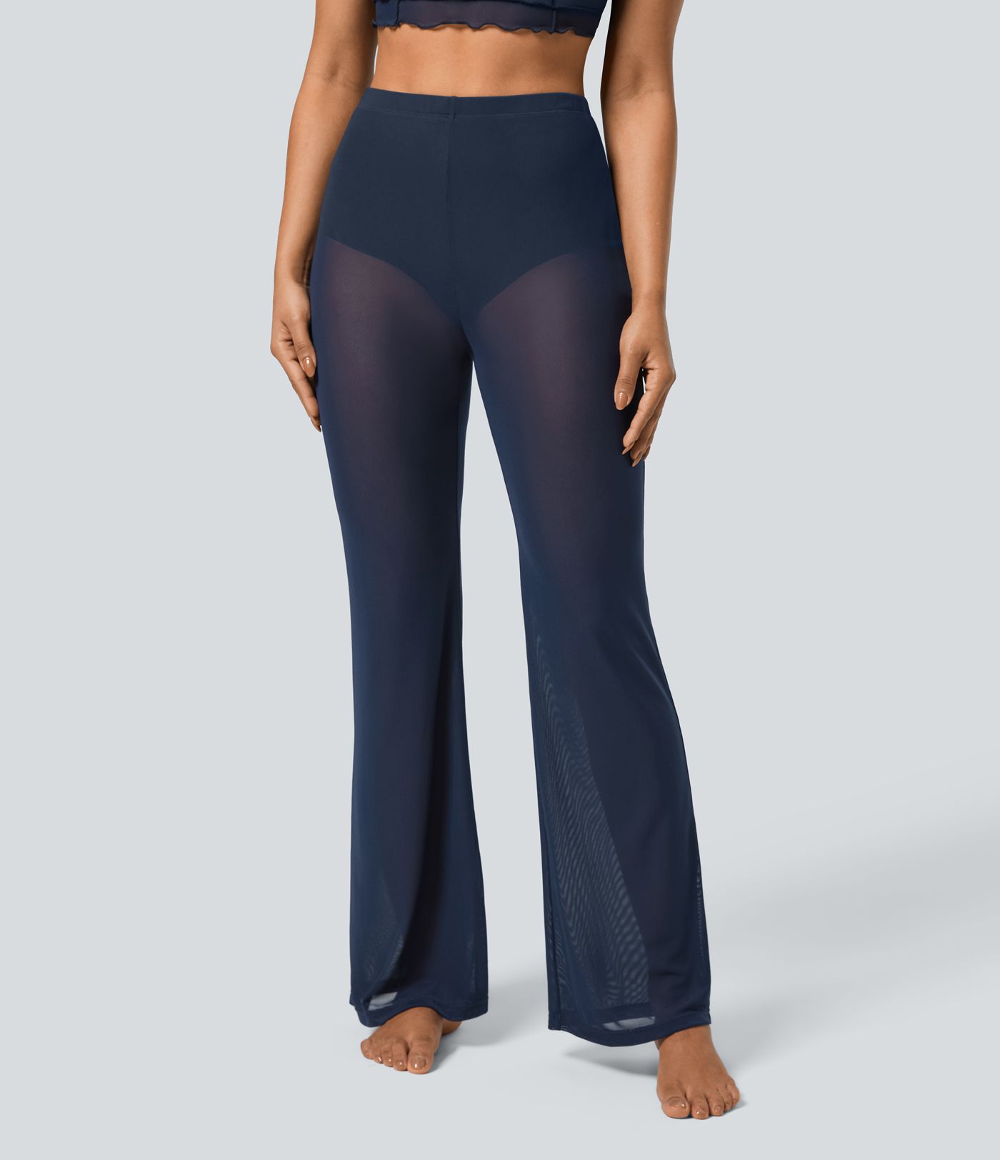 High-waist 2-in-1 see-through mesh dance flare pants