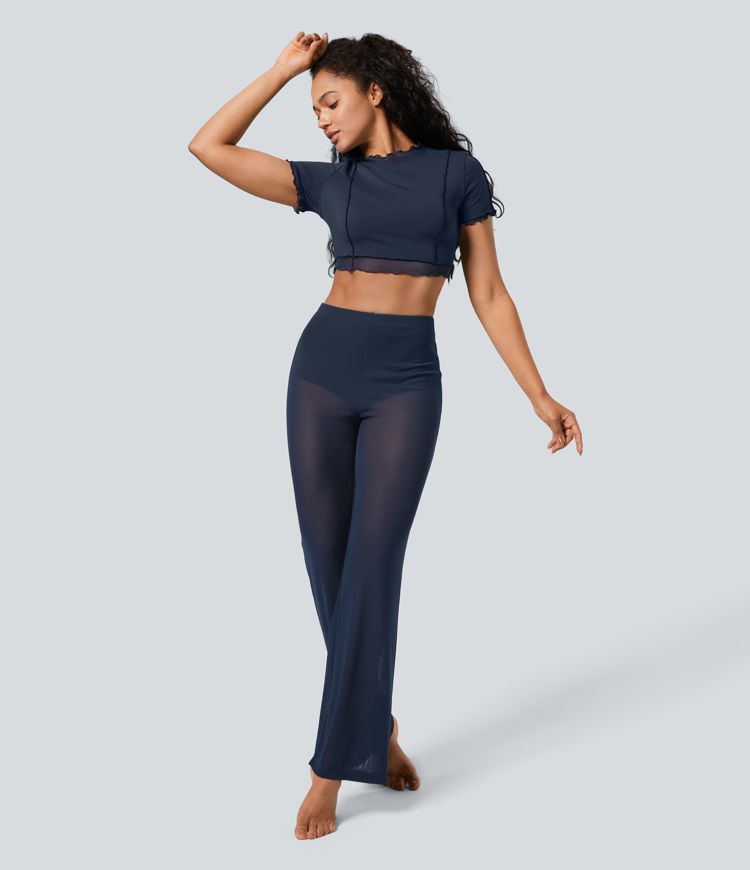 Pantalón acampanado baile malla transparente 2 en 1 tiro alto