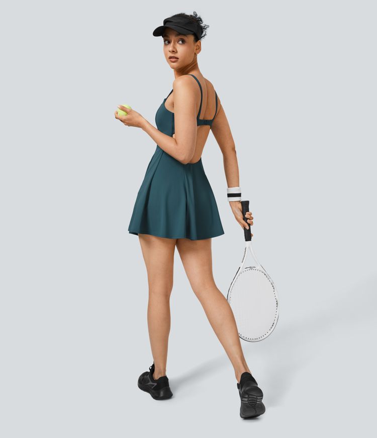Backless Cutout 2-in-1 Mini Slip Tennis Active Dress with Pockets Quick Dry