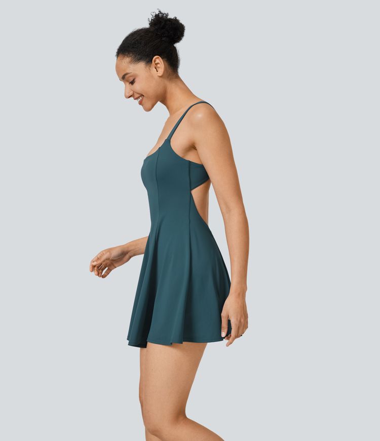Backless Cutout 2-in-1 Mini Slip Tennis Active Dress with Pockets Quick Dry
