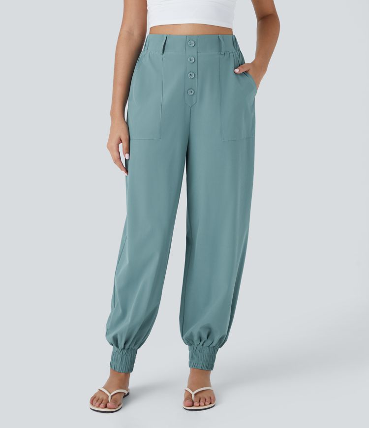 Joggers vacación secado rápido bolsillo lateral botones tiro alto