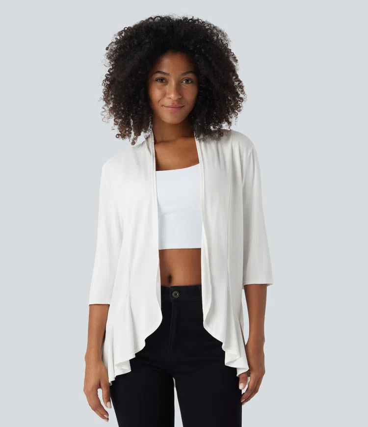 Open Front 7/8 Sleeve Ruffle Hem High-Low Casual Coat