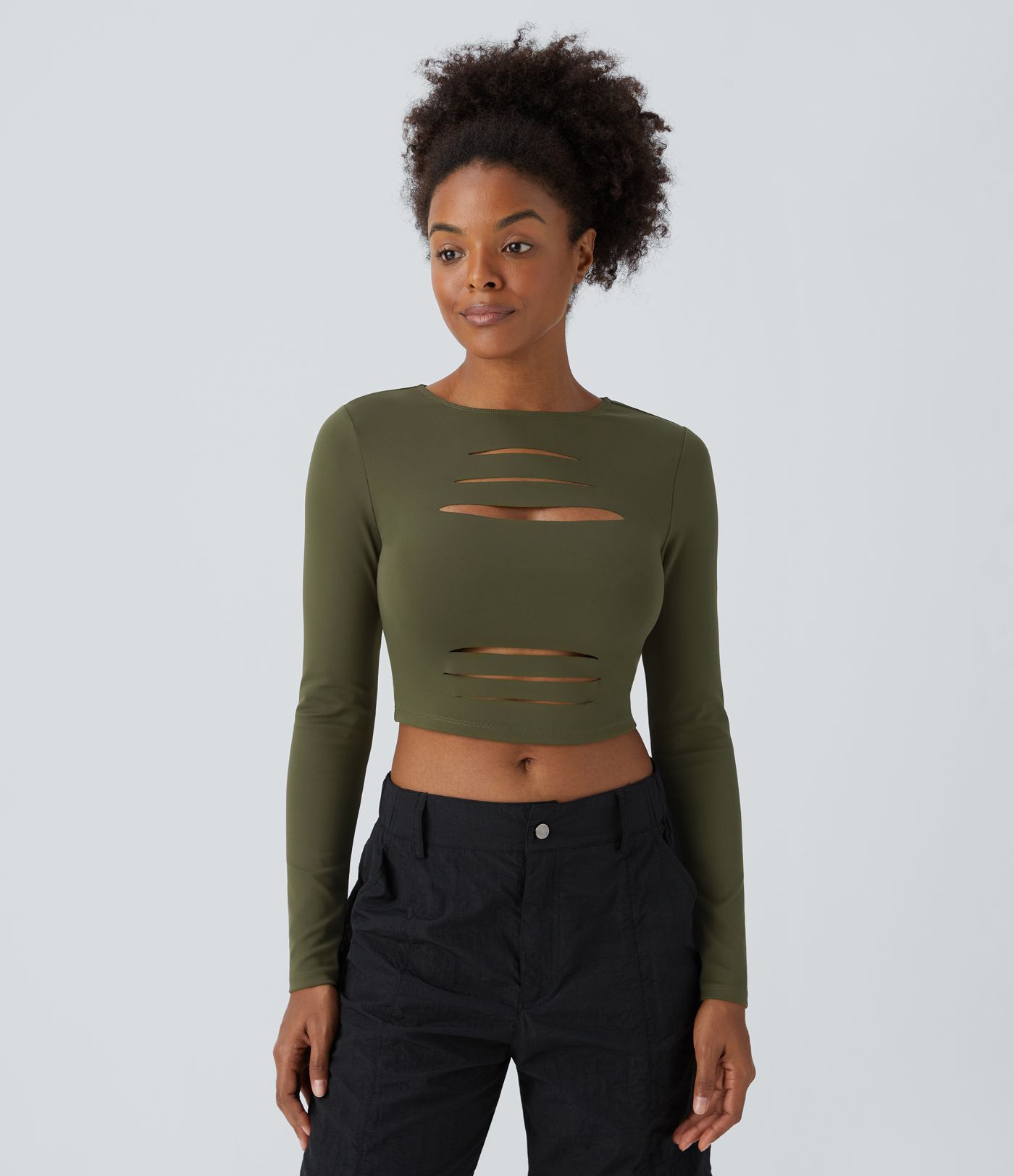 Haut court ajusté déchiré col rond à manches longues avec découpes DayStretch