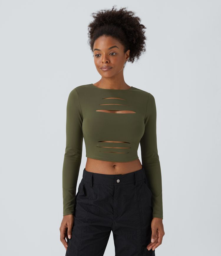 Round Neck Long Sleeve Cut Out Ripped Skinny Cropped Casual Top