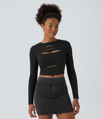 DayStretch Round Neck Long Sleeve Cut Out Ripped Skinny Cropped Casual Top