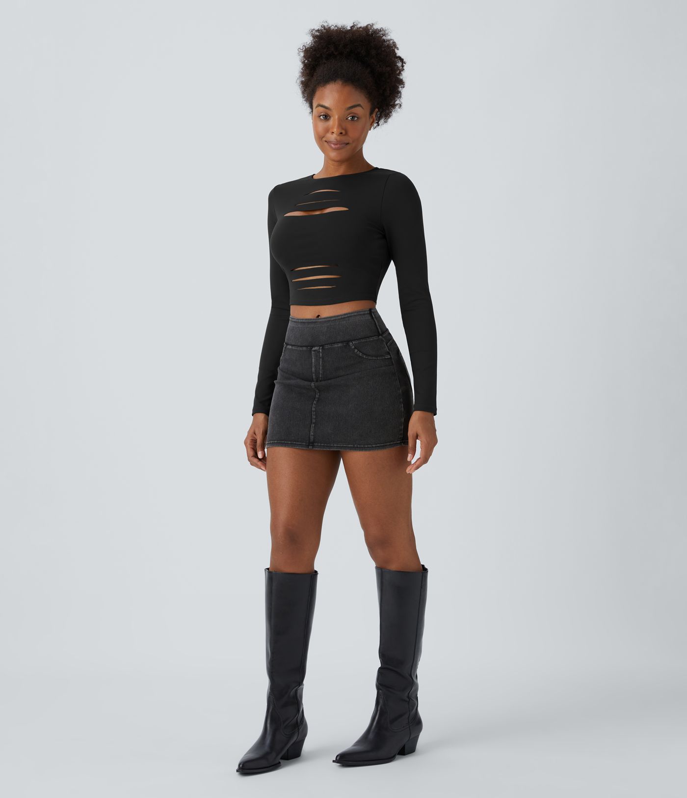 DayStretch Round Neck Long Sleeve Cut Out Ripped Skinny Cropped Casual Top