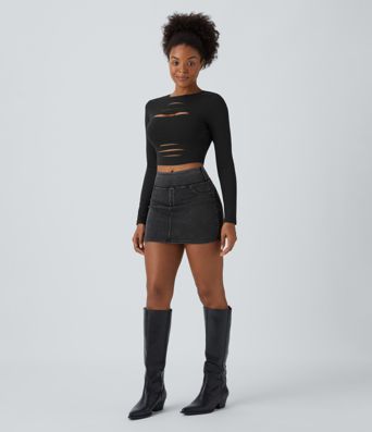 DayStretch Round Neck Long Sleeve Cut Out Ripped Skinny Cropped Casual Top