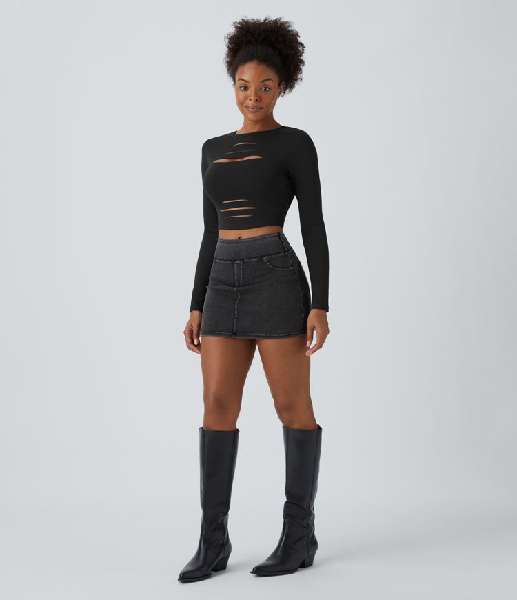 DayStretch Round Neck Long Sleeve Cut Out Ripped Skinny Cropped Casual Top