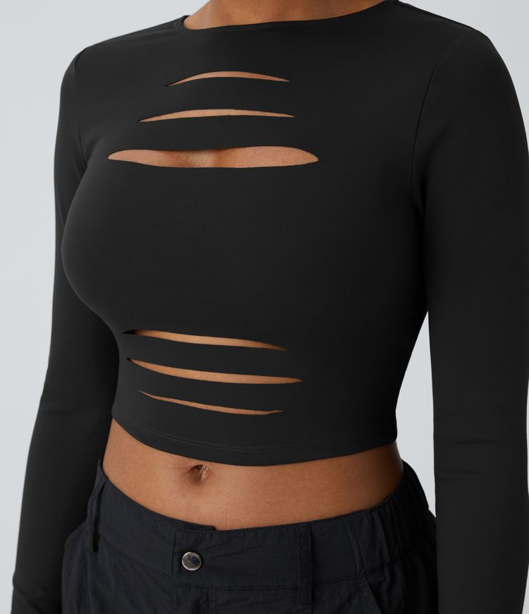 DayStretch Round Neck Long Sleeve Cut Out Ripped Skinny Cropped Casual Top